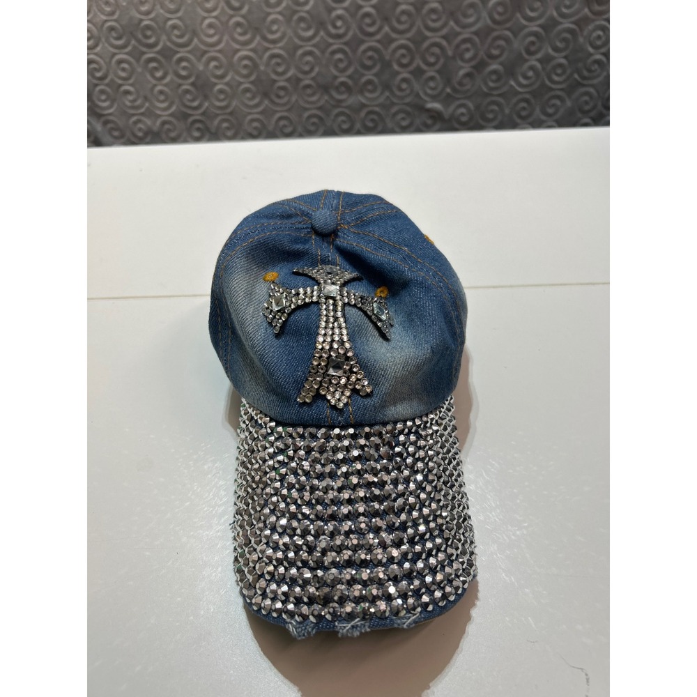 Indigo Soul Denim Rhinestone Embellished‎ Cross Baseball Cap Hat